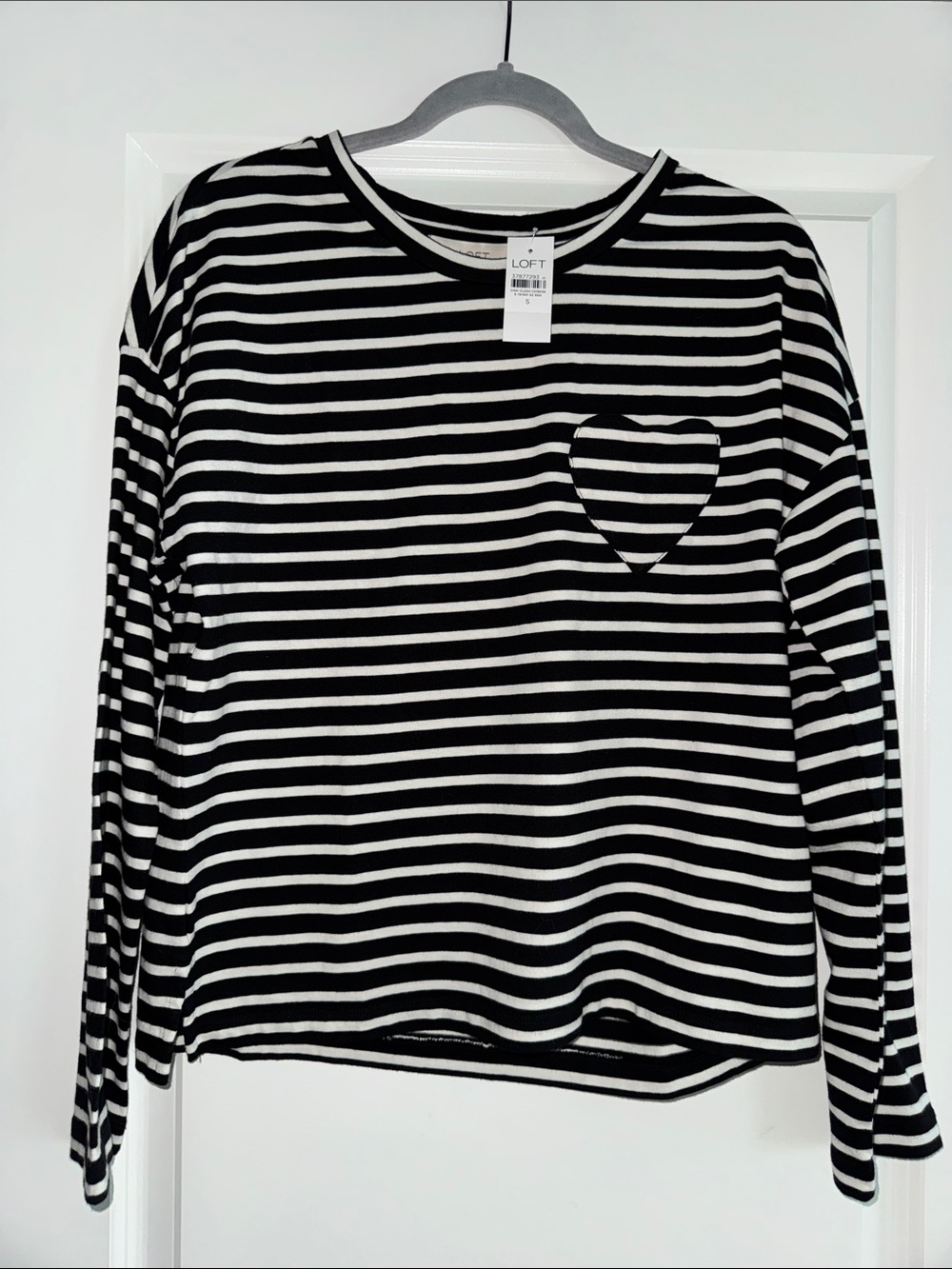 LOFT Black and White Striped Long Sleeve Top with Heart Pocket